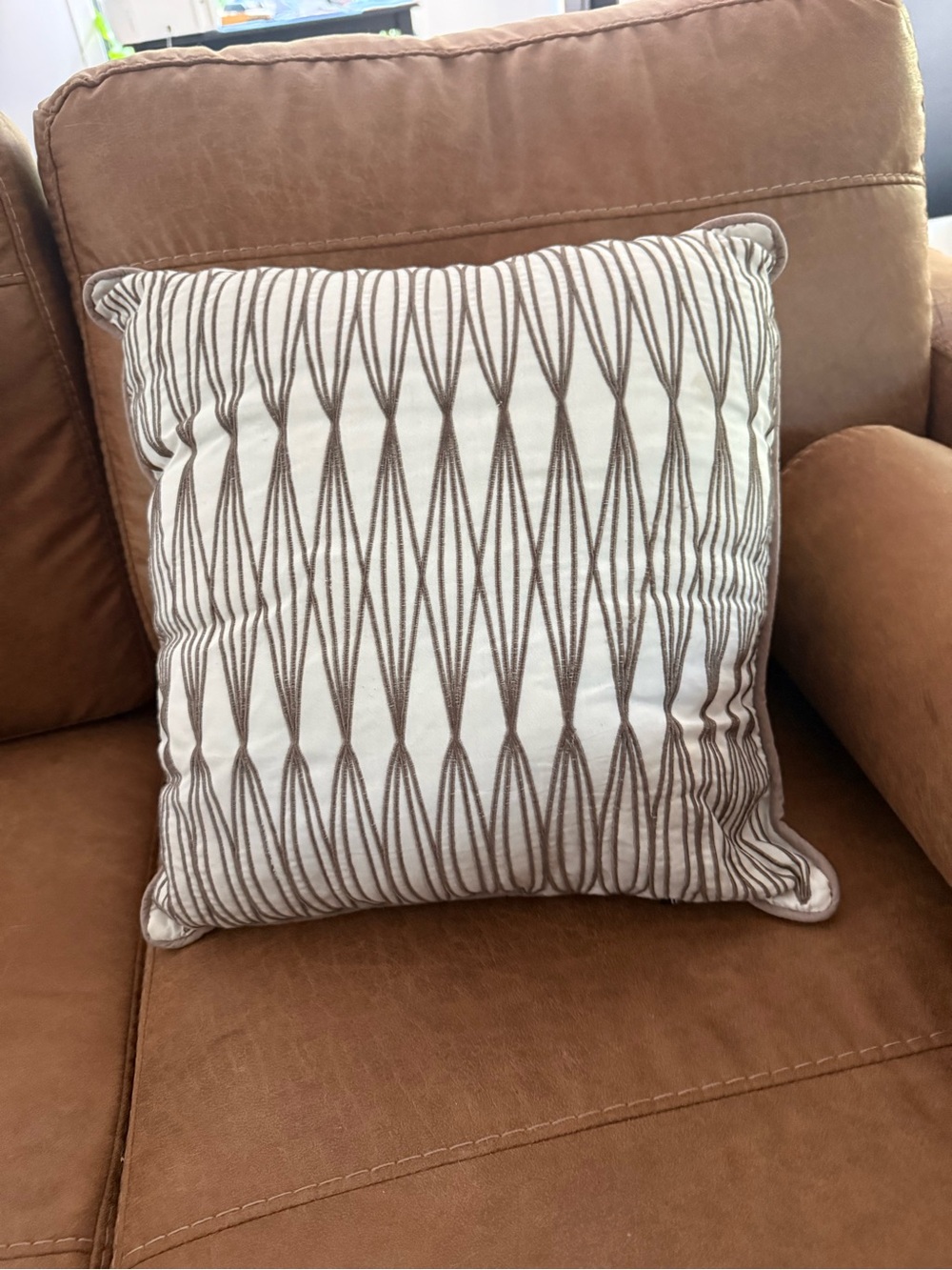 Decorative Geometric Embroidered Throw Pillow - Taupe on Cream